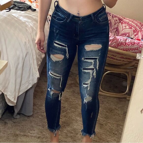 KanCan Dark Blue Ankle Skinny Cropped Distressed Jeans - Picture 1 of 8